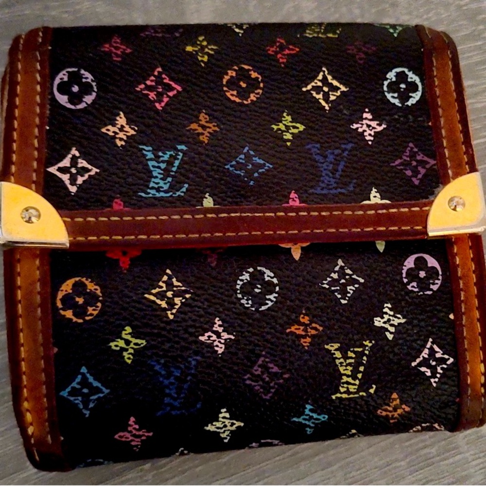 Louis Vuitton x Takashi Murkami BLACK MULTICOLOR Monogram Elise Trifold Wallet
